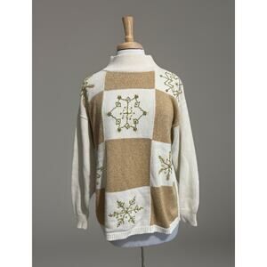 VTG Maurada Sweater XL Ivory Gold Metallic Beaded Color Block Sparkly Holiday